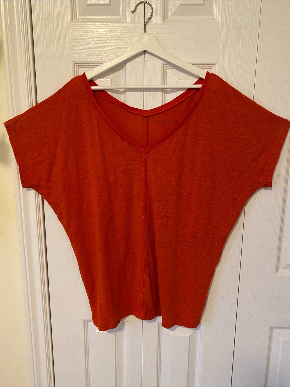 Eileen Fisher 100% Linen V Neck Tee in Clementine orange Size Large